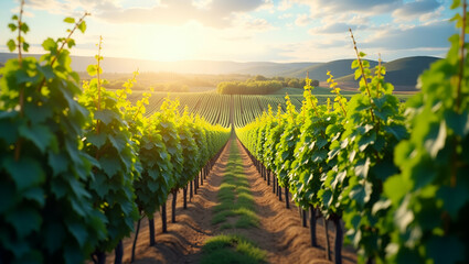 Fototapeta premium Top view of a vineyard with automated pruning overlay symbolizing smart vineyard management in double exposure with copy space. concept as A top view of a vineyard intertwined with automated pruning s