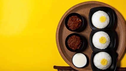 Flat Lay of Sri Lankan Milk Rice (Kiribath) with Lunu Miris and Coconut Sambal – Traditional Breakfast Scene 26
