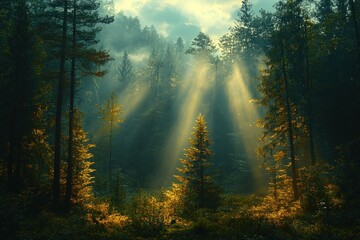 Obraz premium Sunbeams illuminate misty forest, golden light on trees.