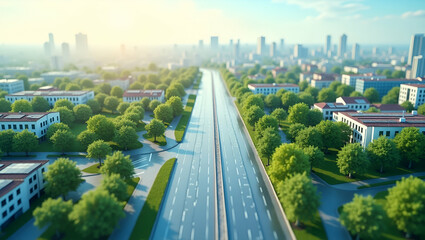 3D Flat Icon: Overhead City View with Solar Roads & Green Areas