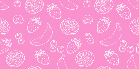 Hand-drawn seamless fruit pattern in sketch, bananas, strawberries, blueberries, and lemon slices, all outlined with no fill, on a vibrant pink background, perfect for fresh, fruity designs
