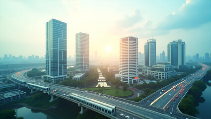 Overhead View of a Sustainable Cityscape: Energy Efficient Buildings and Public Transport Hubs in Double Exposure with Copy Space for Text - Perfect for Photo Stock Concepts