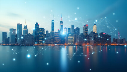 Obraz premium 3D Flat Icon: Top View of City Skyline with Digital Network Lines - Symbolizing Urban Connectivity & Tech Integration on Isolated White Background