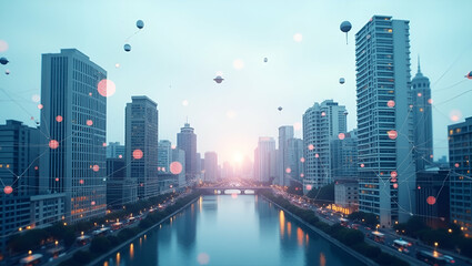 Obraz premium Top View City with Urban Sensors: Smart Monitoring & Data Collection Icon