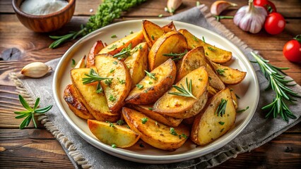 Crispy potato wedges, seasoned with spices, golden brown color, white ceramic plate.