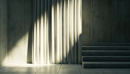 Obraz premium A minimalist interior scene featuring soft curtains and steps, illuminated by natural light, creating a serene and modern atmosphere.