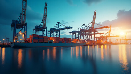 Fototapeta premium Photo Realistic Double Exposure of Cargo Dock and Capital Report: Symbolizing Supply Chain Capital Investment with Copy Space for Custom Text