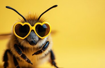Funny bee wearing yellow heart-shaped sunglasses on yellow background. Valentine Day concept. Cute insect with eyewear looking at camera. Ideal for greeting cards, party decor.