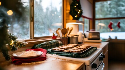 Naklejka premium Festive kitchen scene, decorated for holidays with treats and snowy window