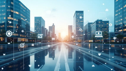 Fototapeta premium 3D Flat Icon: Top View Cityscape with Digital Marketing Symbols - Urban Commerce & Business Growth in Double Exposure on Isolated White Background