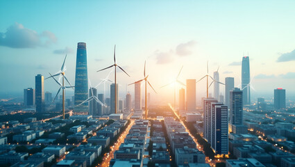 Fototapeta premium Top View Cityscape with Wind and Solar Energy Icons: Renewable Energy Solutions Concept