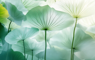 Abstract Lotus Leaf Canopy with Delicate Veins and Soft Green Tones