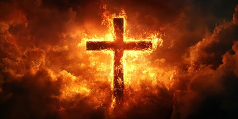 Fototapeta premium Cross engulfed in flames symbolizes struggle and hope amid dark clouds during a dramatic sunset