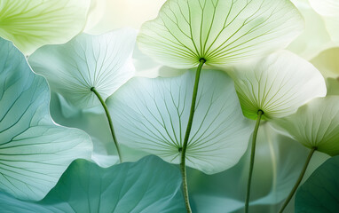 Abstract Lotus Leaves, Fresh Green Botanical Background with Delicate Veins and Stems