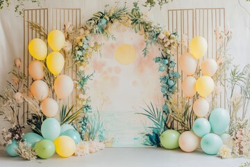 Creamy watercolor background with balloon arch pastel colors and cardboard decorations