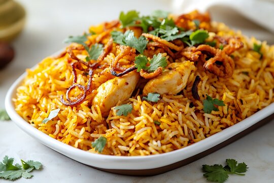 A freshly prepared plate of chicken biryani with perfectly spiced rice, crispy fried onions, and a sprinkle of fresh cilantro, served on a white ceramic dish. , 