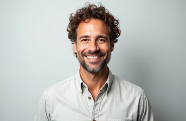 Handsome middle-aged man smiling directly camera on grey background. Caucasian male with brown curly hair, grey beard, dressed in shirt. Positive emotion, happiness. Studio portrait, businessman,