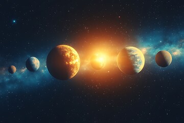 Planets orbiting a star in space.
