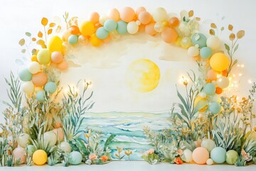 Creamy watercolor background with balloon arch pastel colors and cardboard decorations