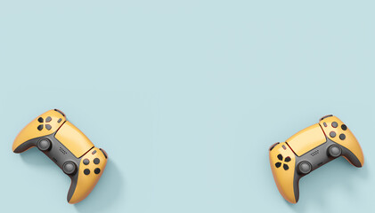 Realistic yellow video game joysticks or gamepads on grey background © Vasyl Onyskiv