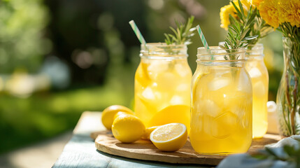 Fototapeta premium Iced Lemonade Refreshment With Lemons Outdoors