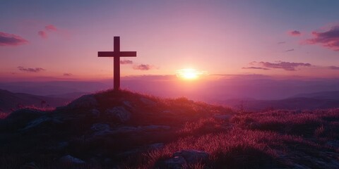 Obraz premium Sunrise illuminates a cross on a serene hilltop amidst a colorful sky and rolling hills