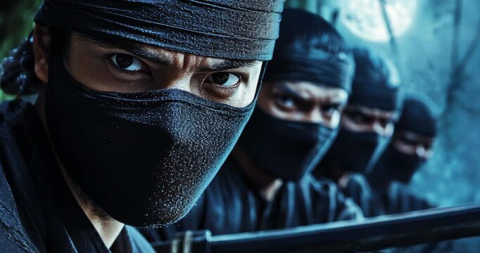 Shadow Warriors: A clandestine gathering of ninjas, their faces masked in shadow, exuding an aura of mystique and martial prowess. The image hints at the silent arts, agility, and ancient traditions.