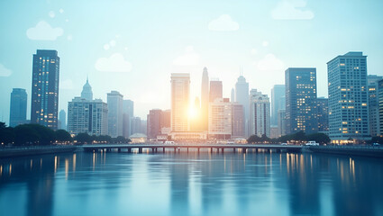 Fototapeta premium Innovative Urban Water Solutions: Aerial City View with Water Management Symbols in Double Exposure - Sustainable Design Concept with Copy Space for Text