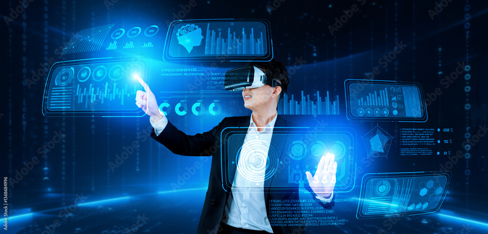 Poster smart business man connecting at global network by using vr glasses. project manager accessing big d