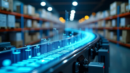 Fototapeta premium Photo Realistic Double Exposure: Conveyor Belt & Forecasting Interface for Inventory Control