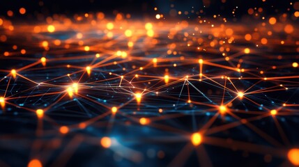 Fototapeta premium Abstract Network Connection Orange and Blue Glowing Nodes and Lines Digital Art