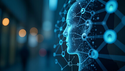 Fototapeta premium 3D Flat Icon: Overhead View of Business Leader with AI Technology & Innovation Symbols