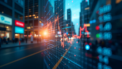 Fototapeta premium Double Exposure of Digital Indicators and Declining Stock Market Graphs Over Modern City Skyline: A Visual Concept of Market Crash with Space for Text