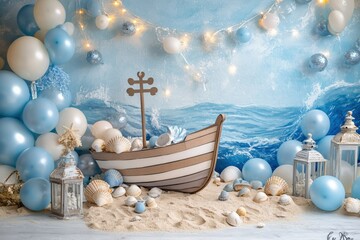 Oceanthemed watercolor background with wooden boat and sailor decorations
