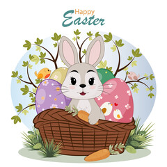 Cute little Rabbit with Easter eggs in basket
