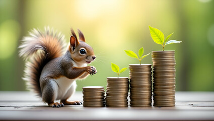 Photo Realistic Double Exposure of Squirrel and Coins: Symbolizing Saving and Investment Strategies
