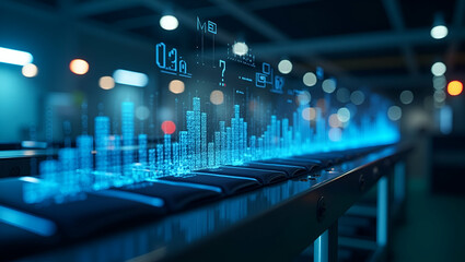 Fototapeta premium Photo Realistic Double Exposure of a Conveyor System and Data Analysis Chart for Data-Driven Optimization in Warehousing - Perfect for Stock Images with Copy Space