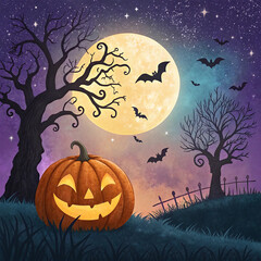 Spooky Halloween Night with Glowing Jack-o'-Lantern and Full Moon