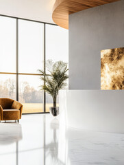 Modern interior design features in a bright spacious room with a cozy chair and artwork