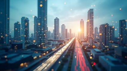 Top View of a City with Urban Sensors: Double Exposure Concept for Smart Monitoring and Real-Time Data Collection - Perfect for Photo Stock with Copy Space