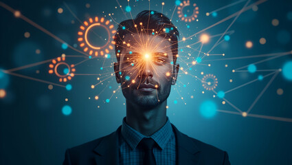 3D Flat Icon: Overhead View of Tech Leader with Gears & Network Symbols