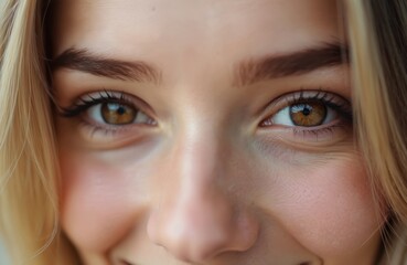Fototapeta premium Extreme close-up portrait of young adult blonde woman eyes looking. Brown eyes, girl female with blond hair. Smiling. Laser vision correction, cosmetic surgery concept. Beauty, eyesight,