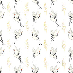 Japanese seamless pattern of birds and water. Traditional vintage fabric print. White and blue indigo background. Kimono design. Monochrome vector illustration.