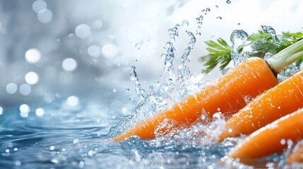 Fresh carrots sit in splashing water, vibrant orange and green, cool backdrop