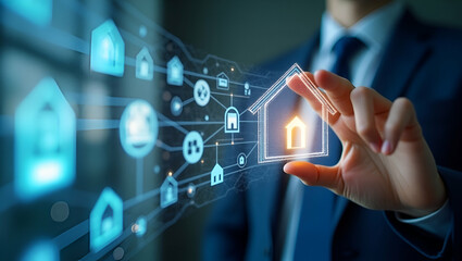 Photo Realistic Double Exposure of a Person with Smart Home Security Symbols: Integrated Home Security Solutions Concept with Copy Space for Text