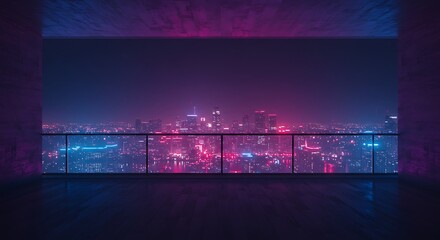 Night Cityscape View From Modern Balcony with Neon Lights