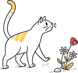 Whiskers and Blooms: An Illustration of a Curious cat cautiously approaches a vibrant red flower, exuding charm and delight.