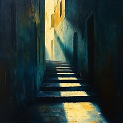 Obraz premium Shadows and light intertwine in a mysterious alleyway, creating an abstract dance of contrasts