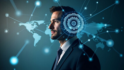 Photo Realistic Overhead View of a Tech Leader: Double Exposure with Gears and Network Symbols Representing Connectivity Leadership - Ideal for Stock Photography with Copy Space
