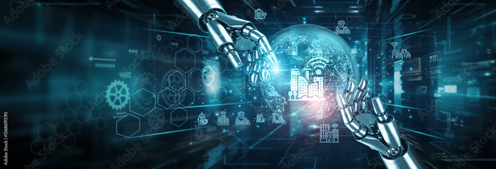 Poster hands of a robot touching on a smart cities network connection symbolize the integration of iot, ict